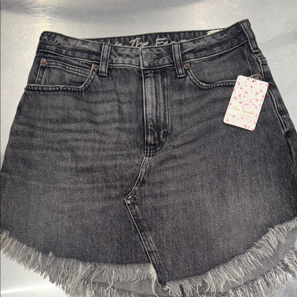 Free People Black Frayed Hem Denim Mini Skirt